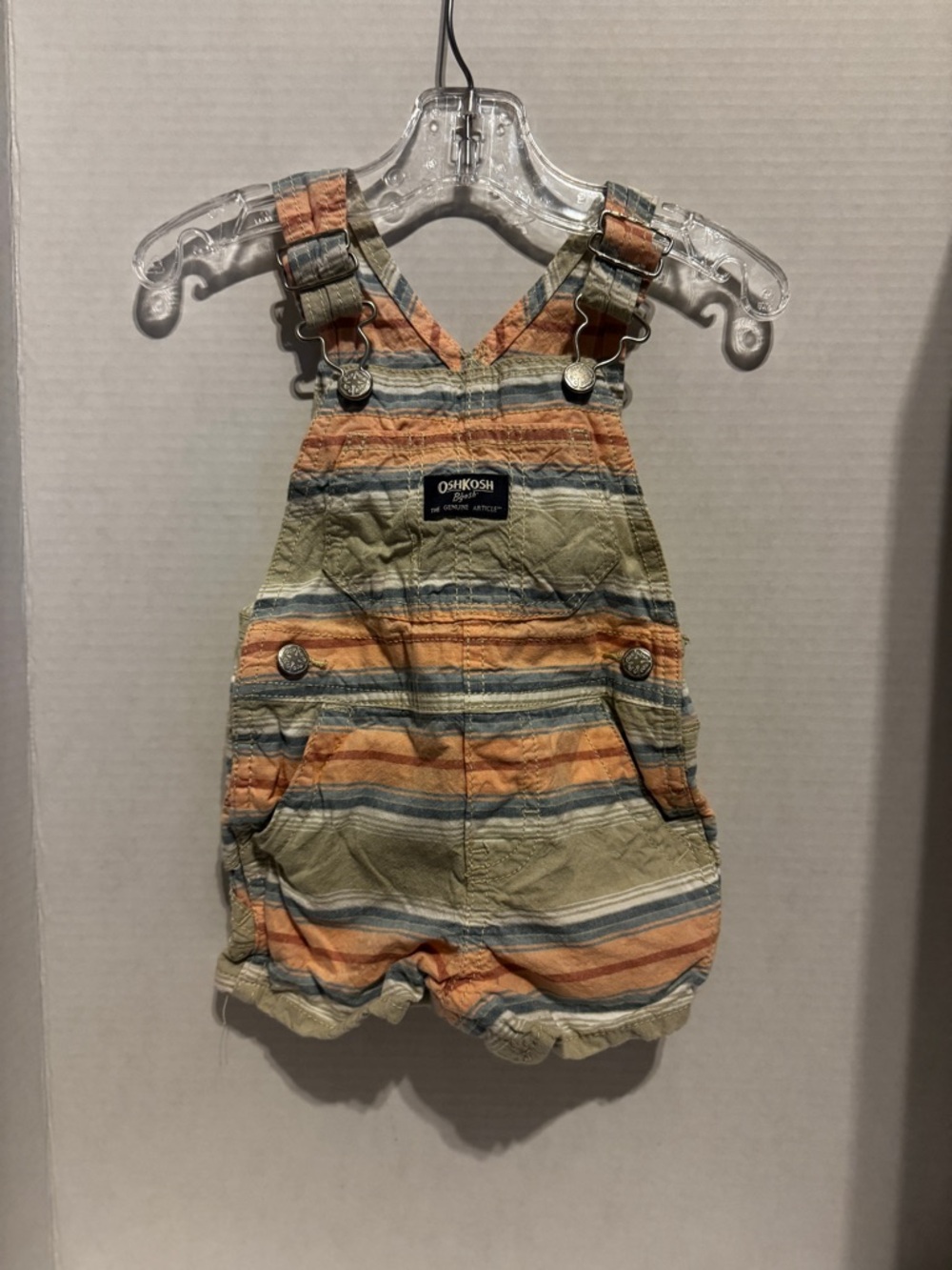 OshKosh B'gosh Striped Short Overalls in Orange, Blue & Tan